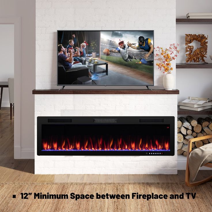 a living room with a fireplace and television mounted on it's wall above the fire place