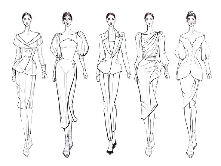 a line drawing of women's fashions from the runway to the front and back