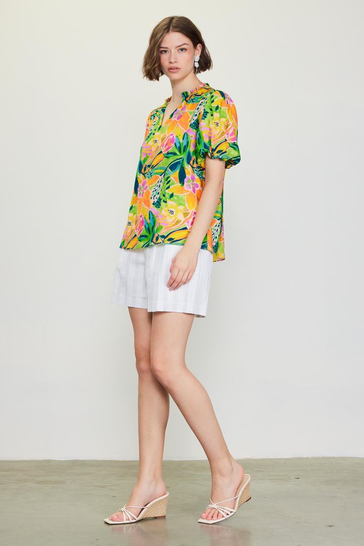 Do the bright thing in this statement-making top. With an artful floral print and bubble sleeves, it's a real mood booster. •Split neckline •Ruffle trim •Puffed short sleeves •Relaxed fit Item Number: 45552 Vacation Dresses Casual, Wedding Guest Dress Trends, Bubble Sleeve Top, Casual Wedding Dress, Bubble Sleeve, Vacation Dresses, Sweater Sale, Trending Dresses, Skirts For Sale