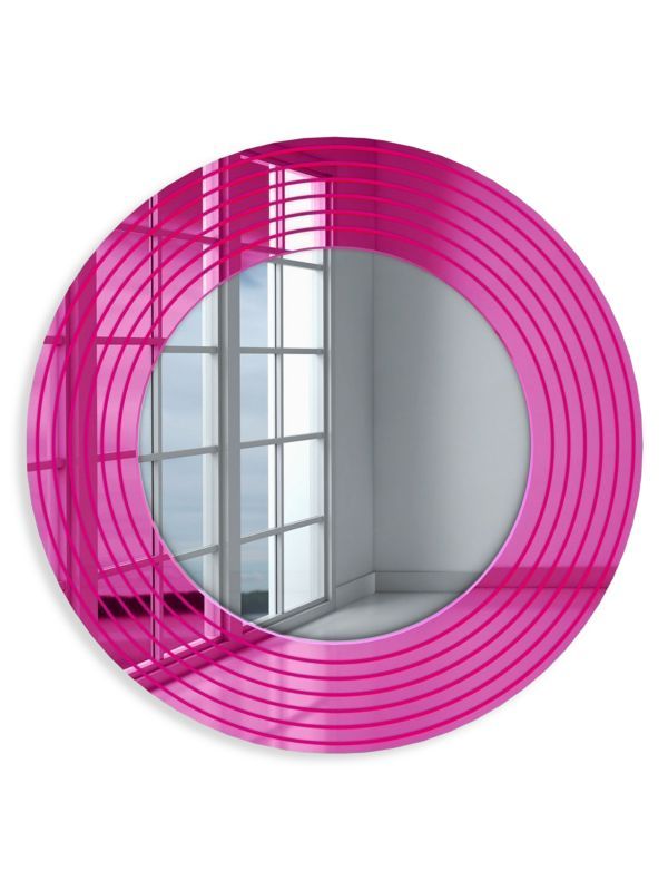 a mirror that is in the shape of a pink tube with a window behind it