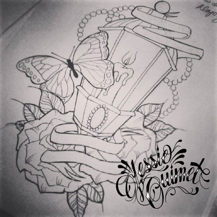 a black and white photo of a tattoo design with butterflies on the back of it