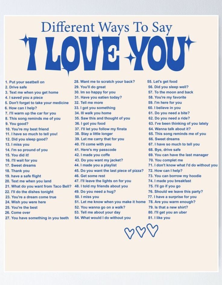 a poster with the words different ways to say i love you in blue and white