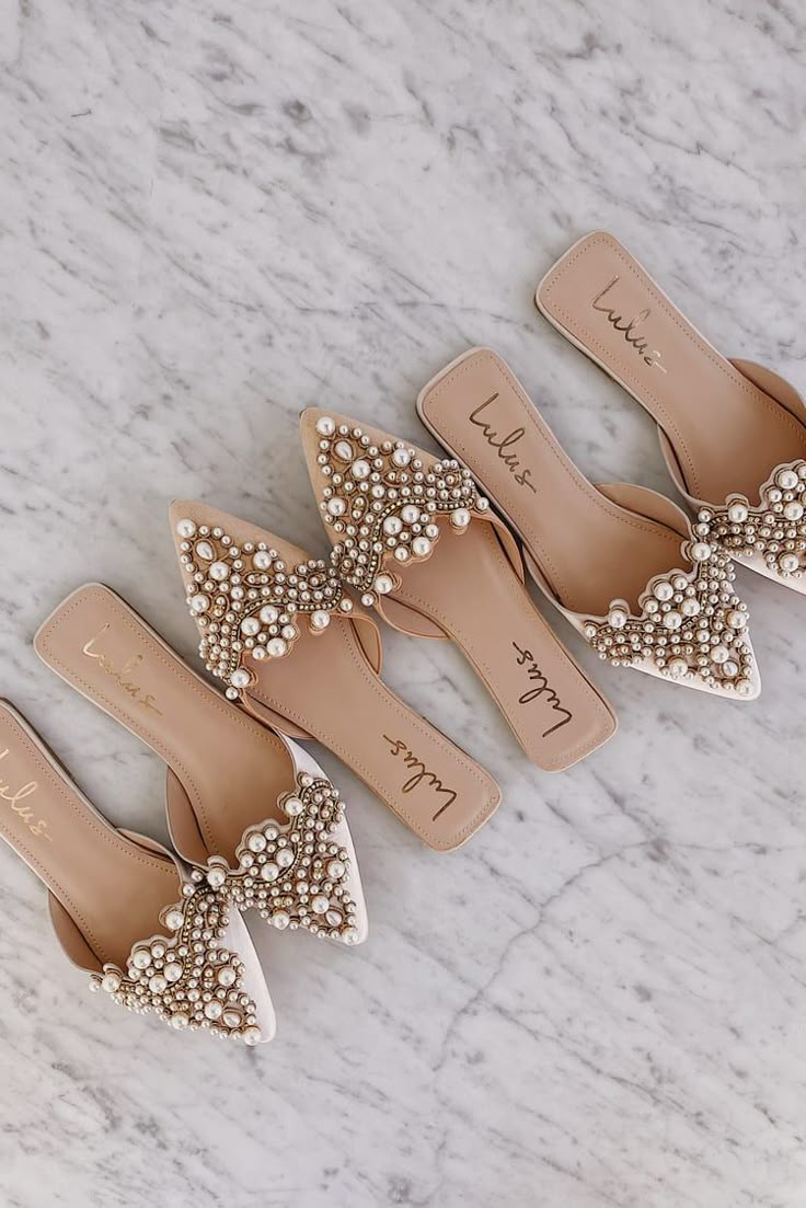 Beige Flats - Pearl Flats - Embroidered Flats - Pointed-Toe Flats - Lulus Scalloped Collar, Embroidered Flats, Wedding Flats, Gold Charms, Gold Embroidery, The Talk, Pointed Toe Flats, Shoe Obsession, Rubber Heels