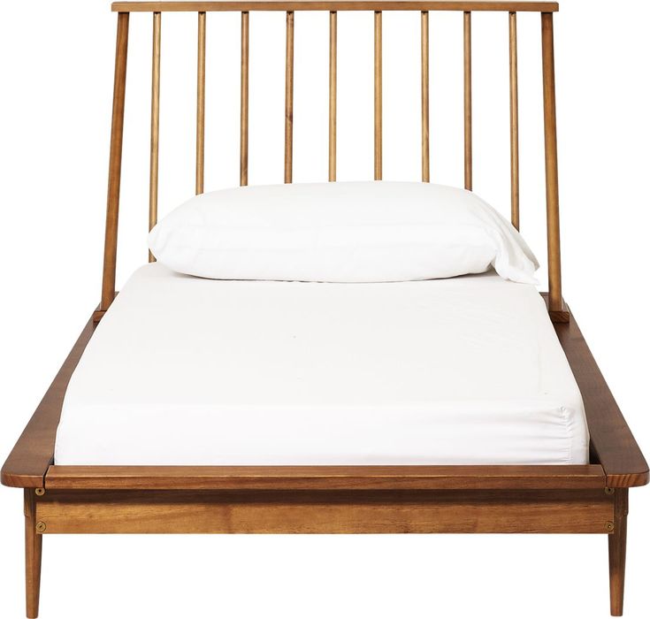 a wooden bed frame with white sheets and pillows on it's headboard, against a white background