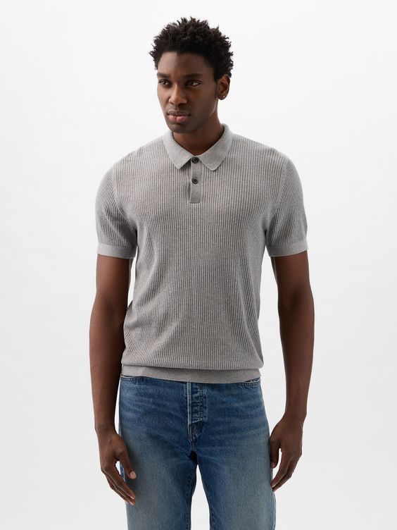 Soft textured polo shirt.  Polo color with button placket.  Short sleeves.  Banded hem.  * Fit: Classic.  A straight & easy fit.  Hits at the hip.  Models are 6′1″–6′2″ 185 cm–188 cm) with a 31″ 79 cm) waist & 32–33″ 81 cm–84 cm) inseam & are wearing Gap Aquaman Injustice, Crochet Polo Shirt, Crochet Polo, Textured Polo, Textured Crochet, Grey Polo Shirt, Stylish Men Casual, Sharp Dressed Man, Inspired Fashion