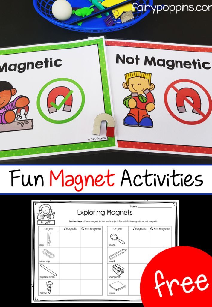 Free magnet activities for kids. Includes sorting mats and worksheets that help kids investigate materials that are magnetic or not magnetic. Great for science centers, kindergarten and first grade. #fairypoppins #fairypoppinsresources #magnetactivities #sciencecenters #kindergartenscience #firstgradescience Magnets First Grade, Magnetic Preschool Activities, Magnetic Activities For Preschoolers, Magnet Activities For Kids, Magnet Maze, Magnet Lessons, Fairy Poppins, Kindergarten Science Activities, Centers Kindergarten