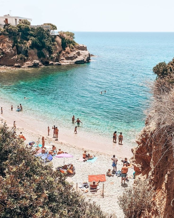 people are on the beach and in the water near some trees, sand and cliffs