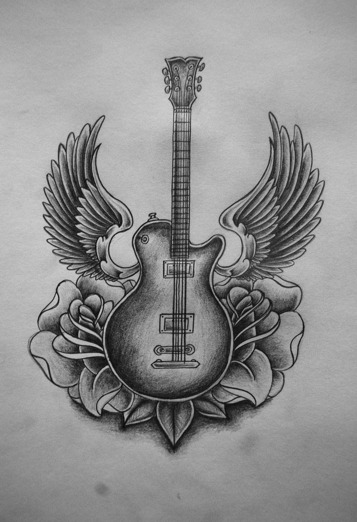 a drawing of a guitar with wings and roses on the back of a man's chest