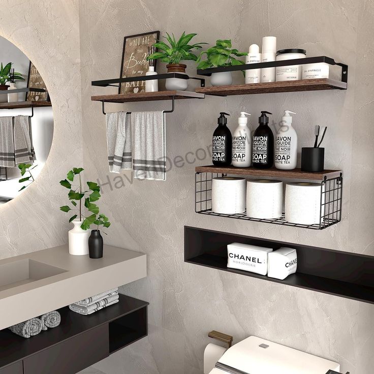 a bathroom with two shelves holding toiletries and plants