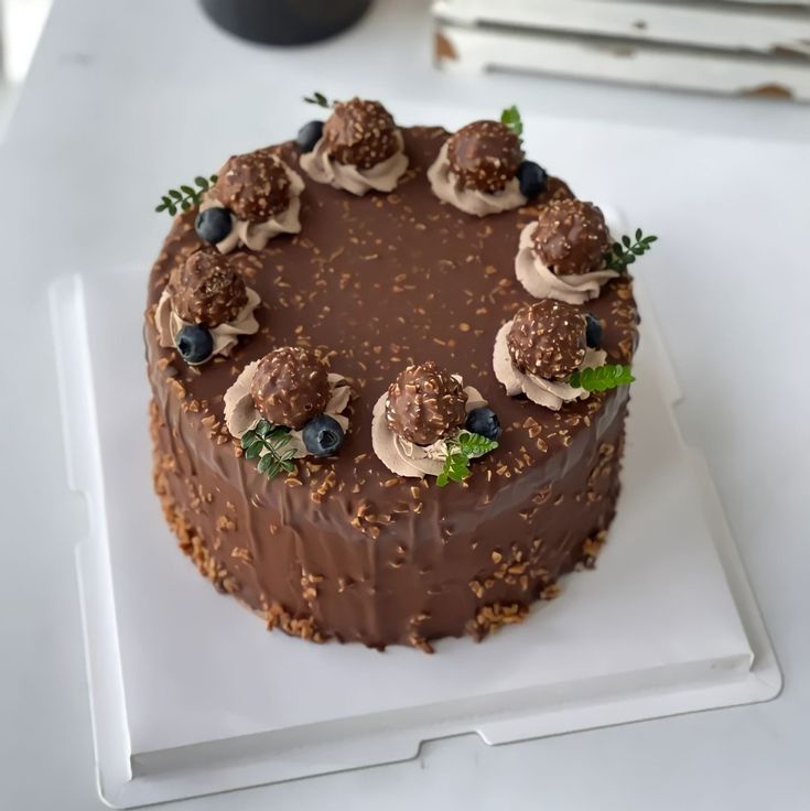 a chocolate cake on a white plate with blueberries and mints around the edges