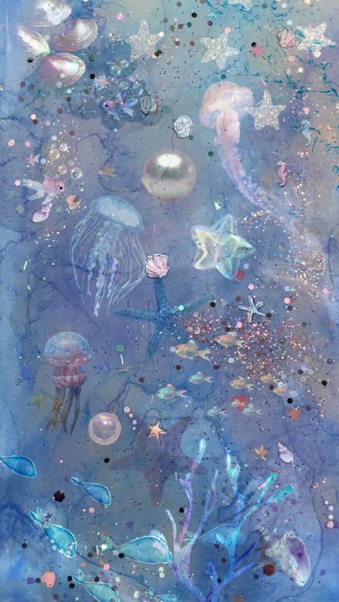 an abstract painting with jellyfish and other sea creatures