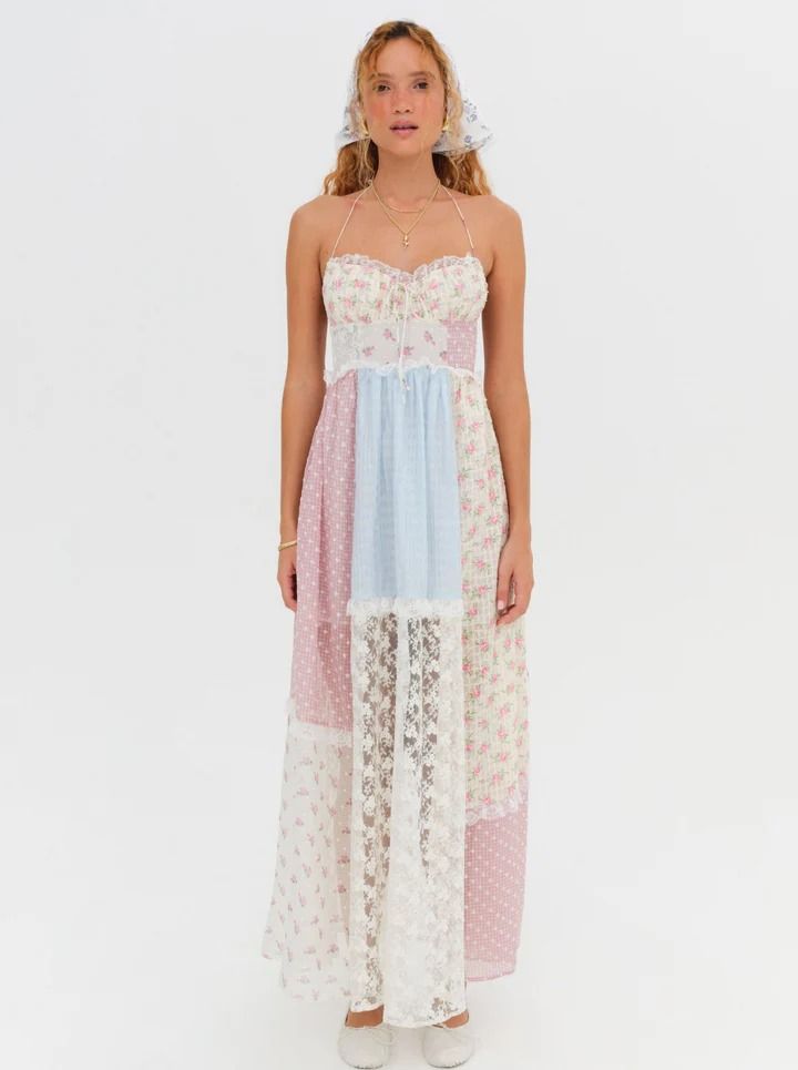 Elula Maxi Dress — Multi | For Love & Lemons Feminine Lace Maxi Dress For Garden Party, Lace Maxi Dress For Garden Party, Spring Beach Dress With Lace Bodice, Feminine Lace Maxi Dress With Patchwork, Feminine Lace Maxi Dress With Lace Patchwork, Feminine Maxi Dress With Lace Patchwork, Spring Pink Lace Maxi Dress, Pink Lace Maxi Dress For Spring, Spring Lace Dress With Patchwork Details