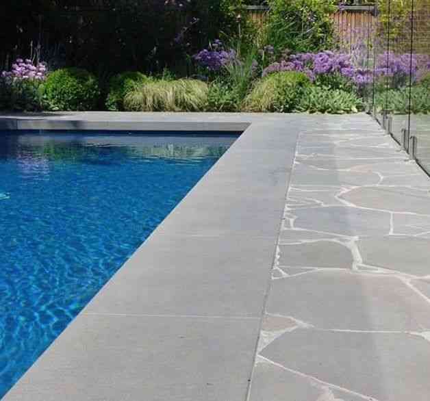 an outdoor swimming pool with glass fencing around it and purple flowers in the back ground