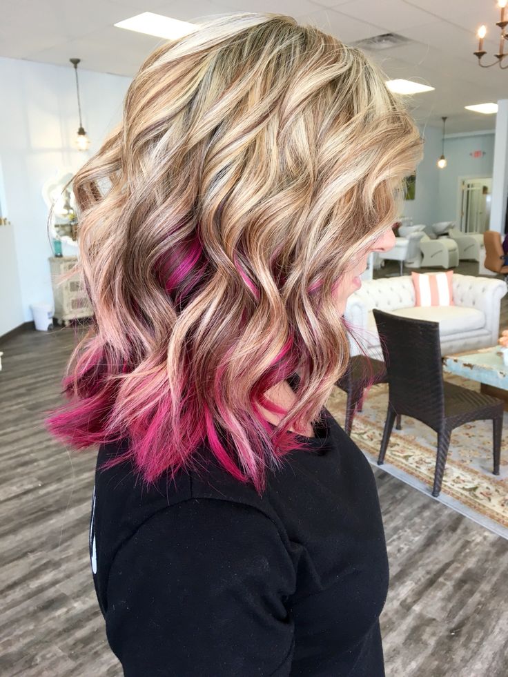 Blonde with magenta done by @allydestout Hot Pink Peek A Boo Hair, Peekaboo Hair Color Short Bob Hairstyles, Bright Colour Hair Ideas, Pink Hair Highlights, Blonde Hair With Pink Highlights, Bright Highlights, Pink Blonde Hair, Peekaboo Hair, Blonde With Pink