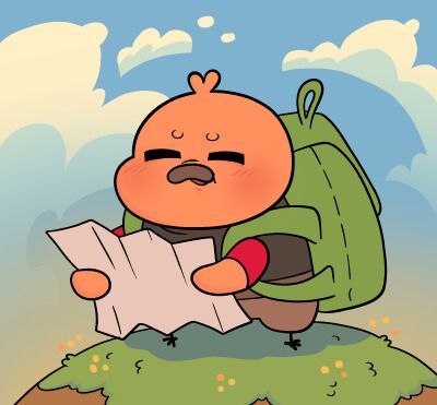 a cartoon character with a backpack on top of a hill reading a piece of paper