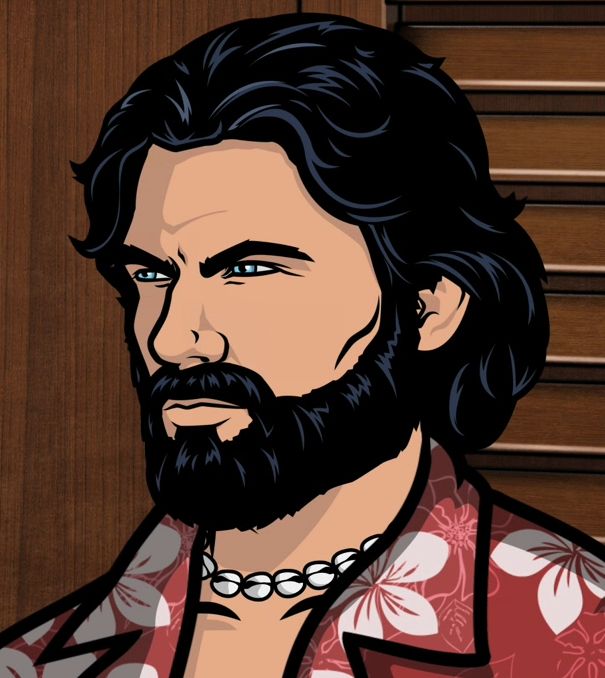 an animated portrait of a man with long hair and beard wearing a hawaiian shirt,