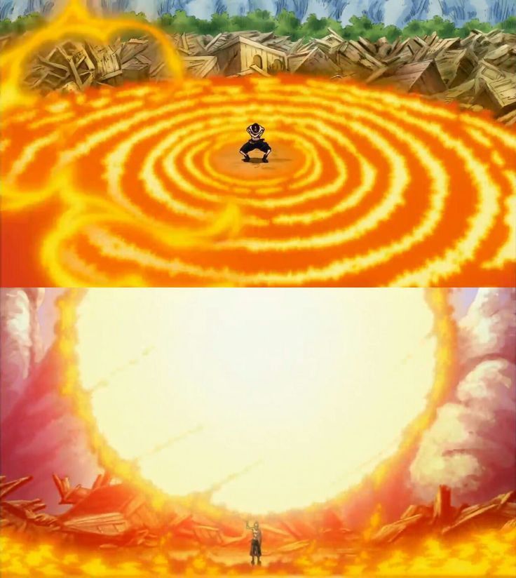 two different pictures with one being an orange and the other is yellow, both depicting a person standing in front of a large circular fireball