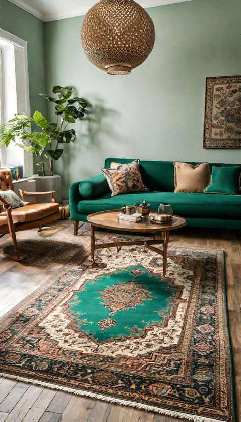 Green Boho Living Room, Dark Green Boho, Living Room Decor Tips, Bohemian Elements, Grey Couch Living Room, Bohemian Living Rooms, Living Room Color Schemes, Vibrant Patterns, Bohemian Living Room