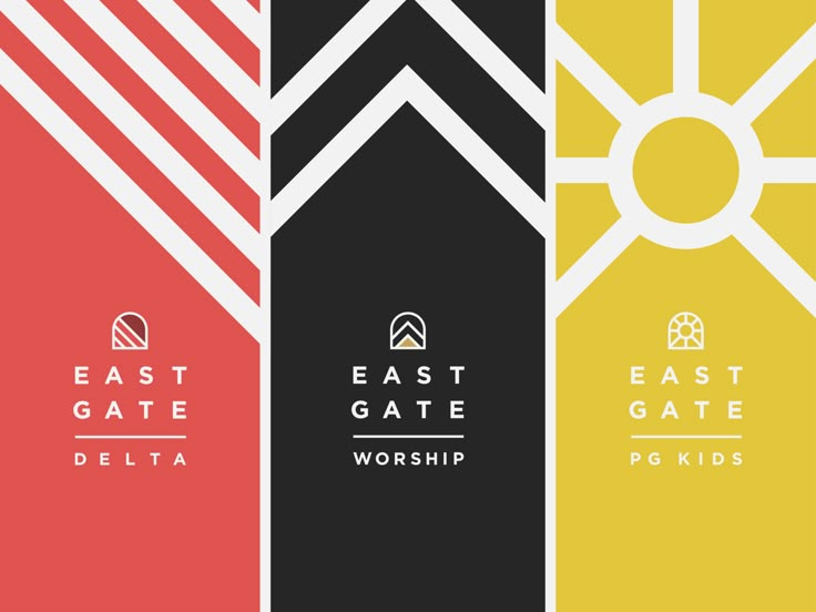 the east gate logo is shown in four different colors and font styles, including black, yellow, red, and white