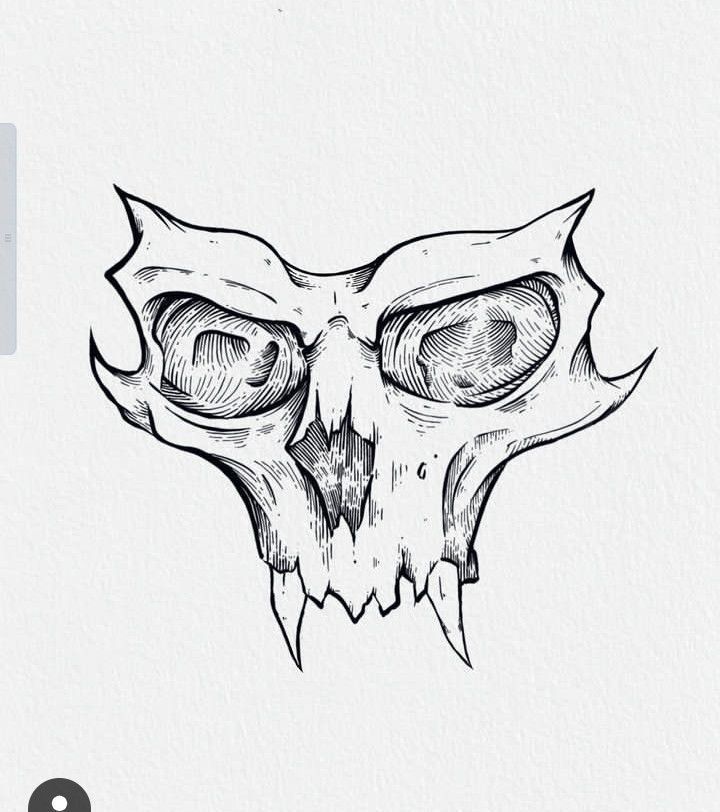 a drawing of an owl's skull with large eyes and sharp fangs on it