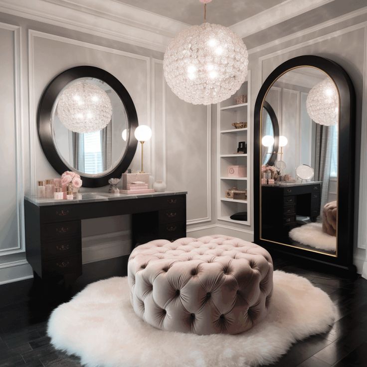 a bedroom with a vanity, mirror and stool in the corner that has a white fur rug on it