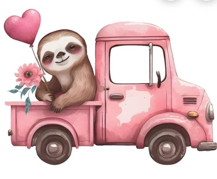 a slotty in the back of a pink truck with a heart balloon and flowers