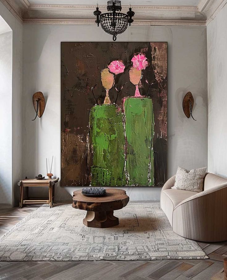 Dark Brown Large Flower Figure Painting Original Green Silhouettes Wall Art Abstract Artwork Home Decor People Paintings, Abstract People, Large Canvas Painting, Mickey Mouse Art, Color Abstract, Figurative Artwork, Big Art, Linen Canvas, Large Abstract