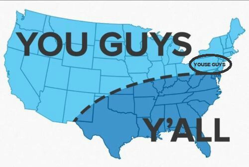 a map with the words you guys y'all on it