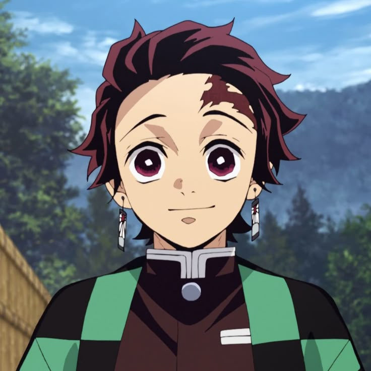 an anime character with red hair and big eyes looks at the camera while standing in front of trees