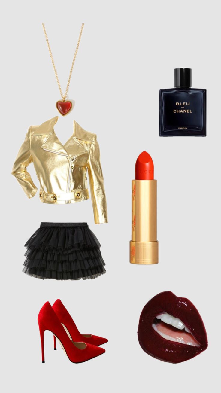 the contents of a woman's outfit including lipstick and gold jacket