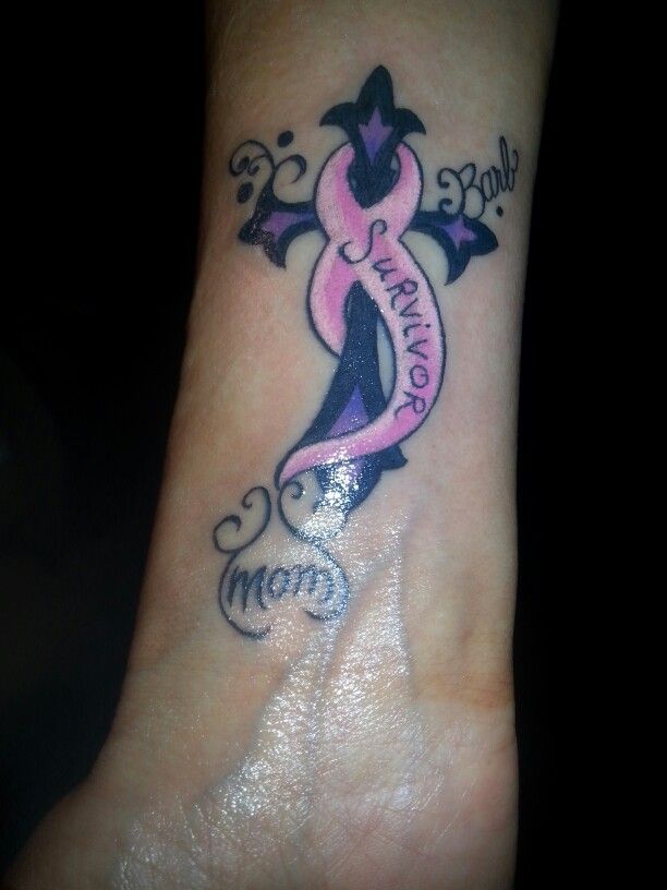 a woman's foot with a pink ribbon and cross tattoo on her left ankle