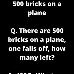 a black and white photo with text that reads, 500 bricks on a plane q there are 500 bricks on a plane, one falls off, how many left?