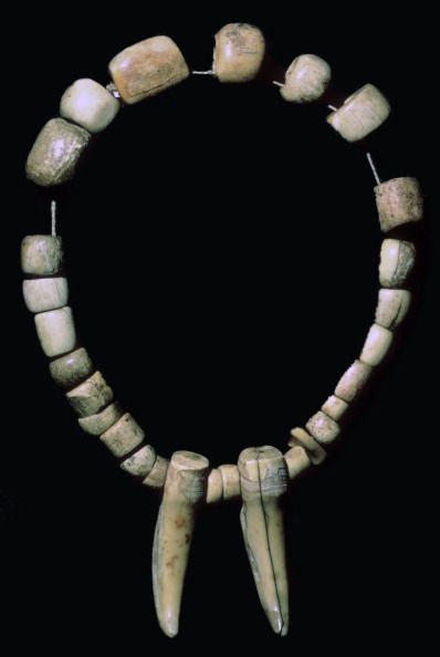 a necklace made out of bone beads and other animal bones is shown in this image