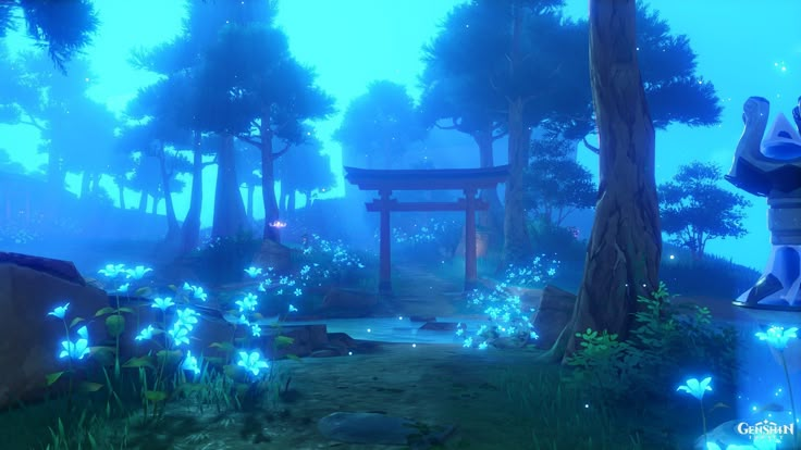 an animated scene with blue flowers in the foreground and trees on the other side