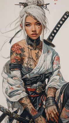 a drawing of a woman with tattoos holding two swords