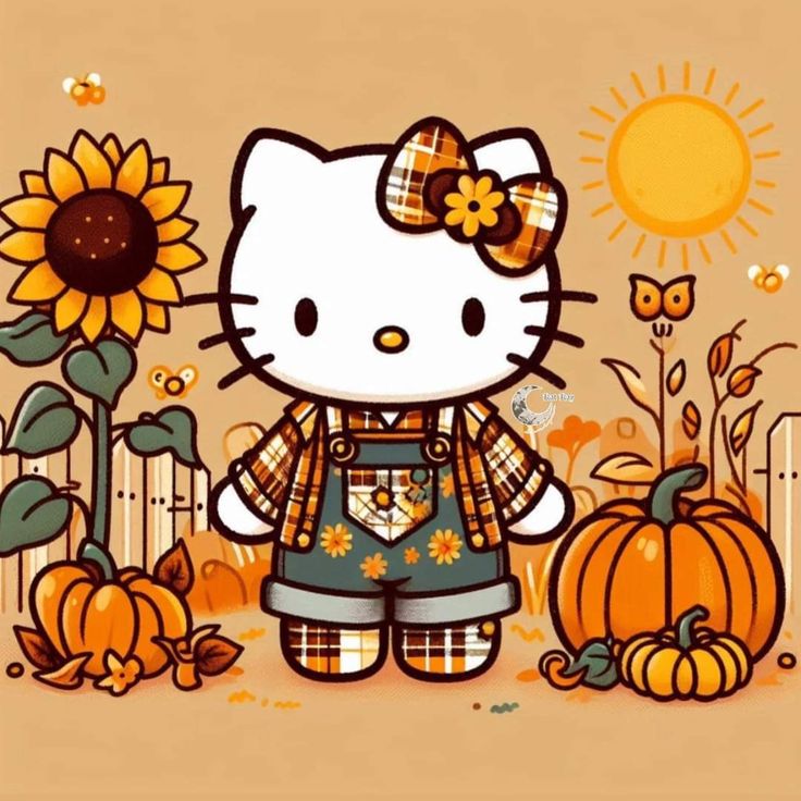 hello kitty standing in front of pumpkins and sunflowers