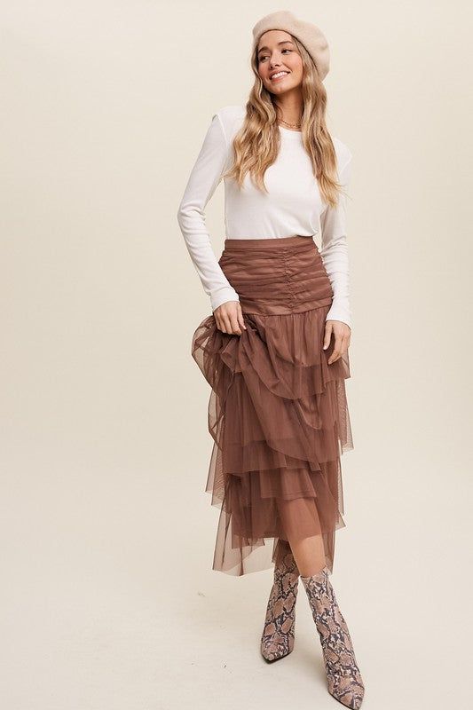 - Cinched and tiered high waist mesh maxi skirt- Zipper on side - Tiered skirt- Finished with raw hem- Lined- 100% Polyester Tan Tulle Skirt, Mesh Maxi Skirt, Tulle Maxi Skirt, Skirt Zipper, Tiered Maxi Skirt, Soft Tulle, Tulle Fabric, Tiered Skirt, Cinched Waist