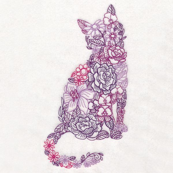 a cat with flowers on it's back is shown in purple and red ink