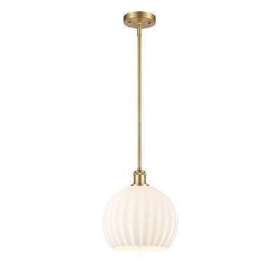 a light fixture with a white glass ball hanging from it's brass metal rod