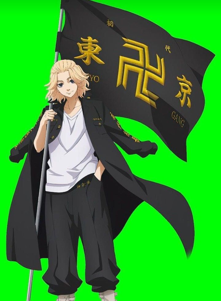 an anime character holding a black flag