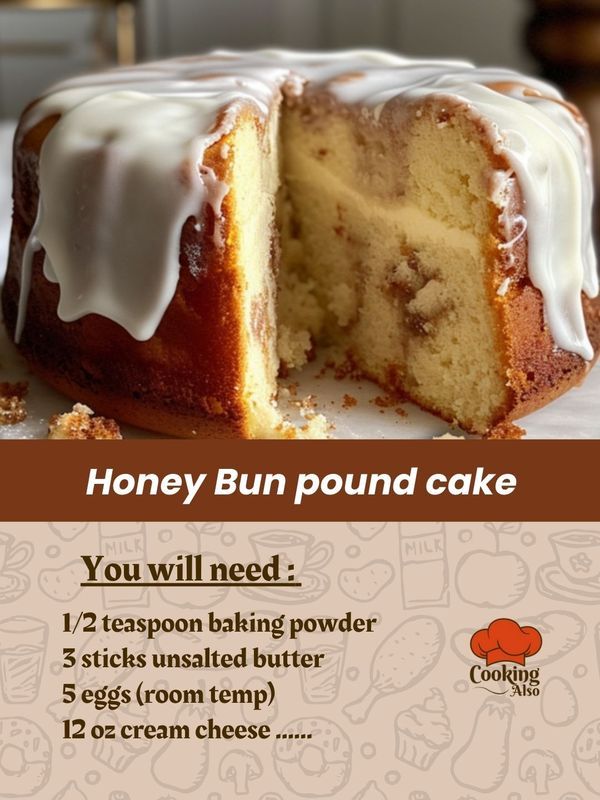 a cake that has been cut in half and is on a plate with the words, honey bundt cake you will need 1 teaspon baking powdered