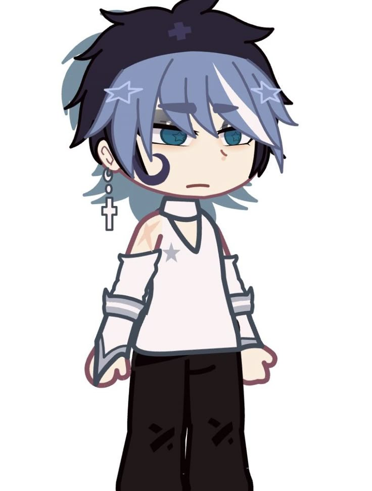 an anime character with blue hair wearing black pants and a white shirt, standing in front of