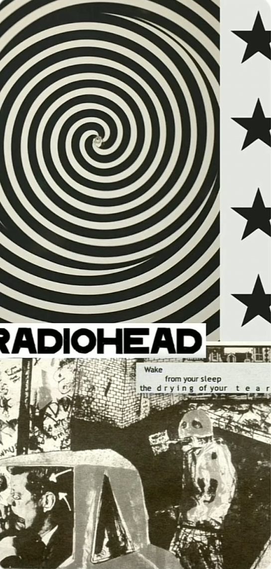 the radiohead album cover with stars and an image of a man in a car