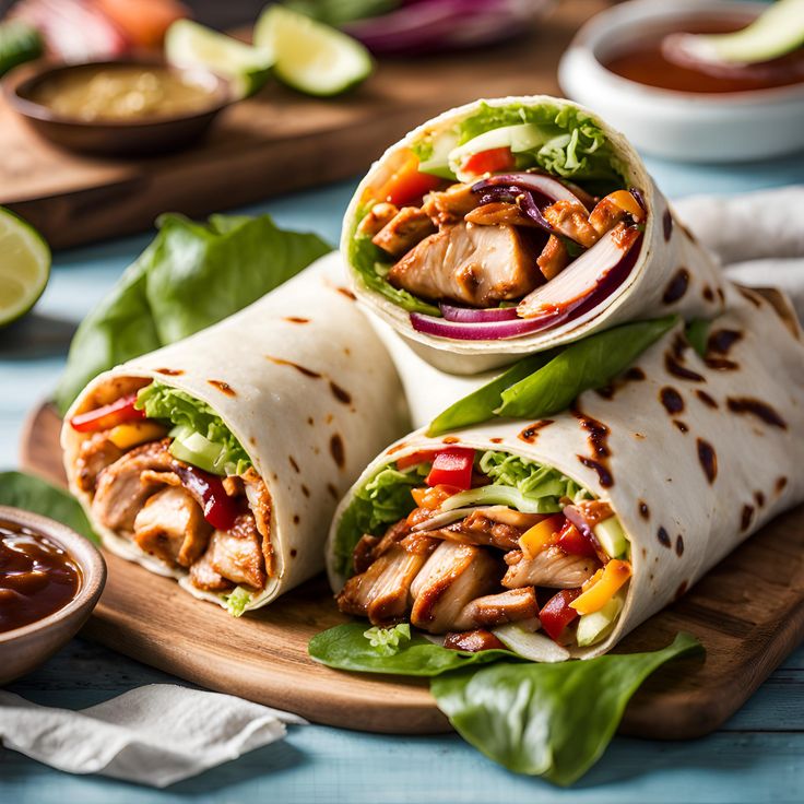 three burritos with meat and vegetables on a cutting board next to dipping sauce