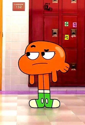 an orange cartoon standing in front of a red door with his hands on his hips