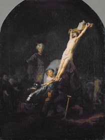 a painting of a man on the cross being carried by two men in front of him