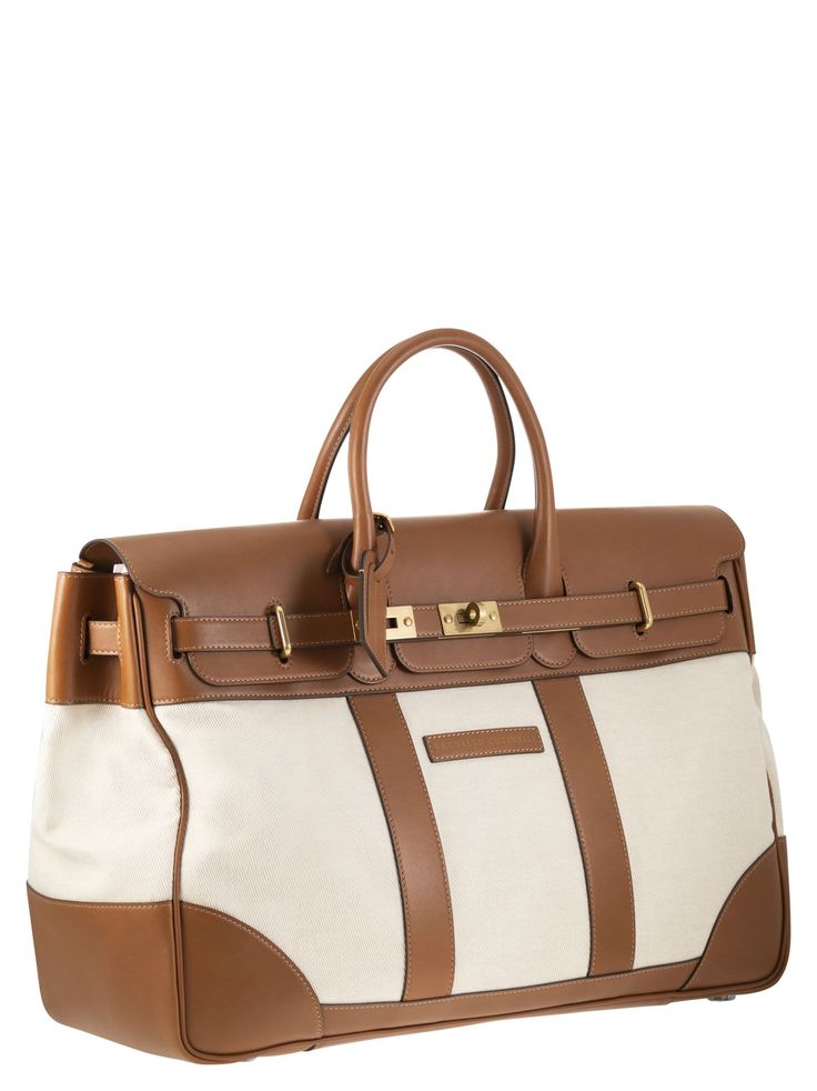 57% Cotton, 43% Linen 100% Leather | Brunello Cucinelli Men's Country Bag in Leather And Fabric in Milk | SS24 Leather Weekender Bag, Leather Weekender, Brunello Cucinelli Men, Leather Cap, Water Repellent Fabric, Elegant Accessories, Brunello Cucinelli, Cotton Bag, Weekender Bag