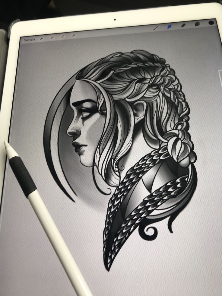 a drawing on an ipad with a woman's face and braids in her hair