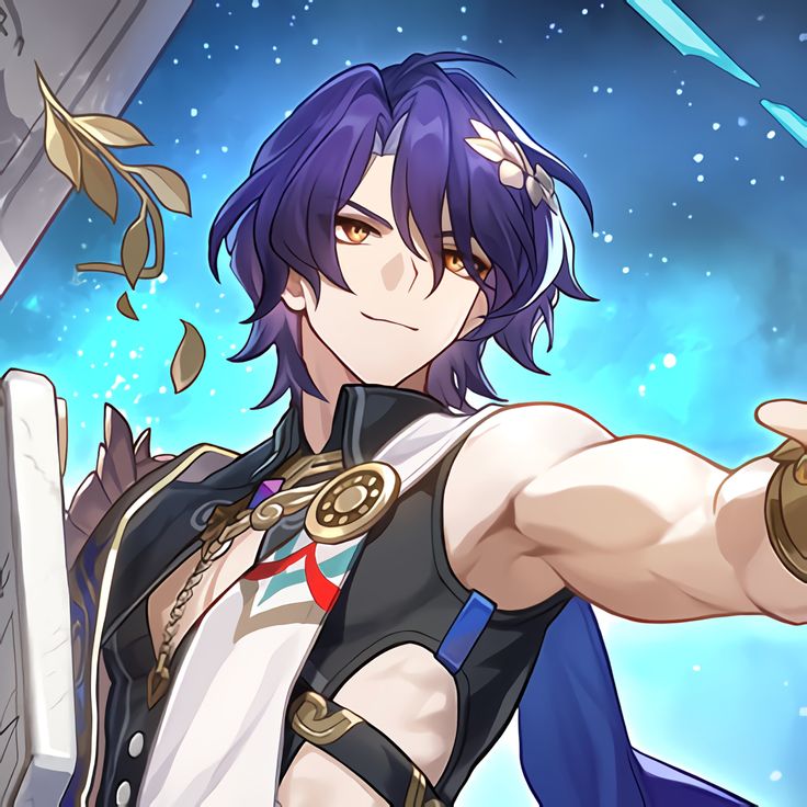 an anime character with purple hair pointing at something in the air and holding his arm out