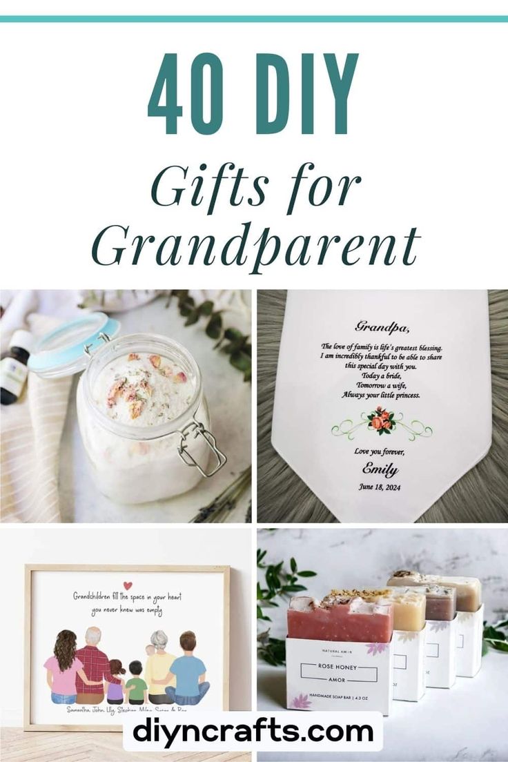 the words 40 diy gifts for grandparents are shown in this collage with pictures